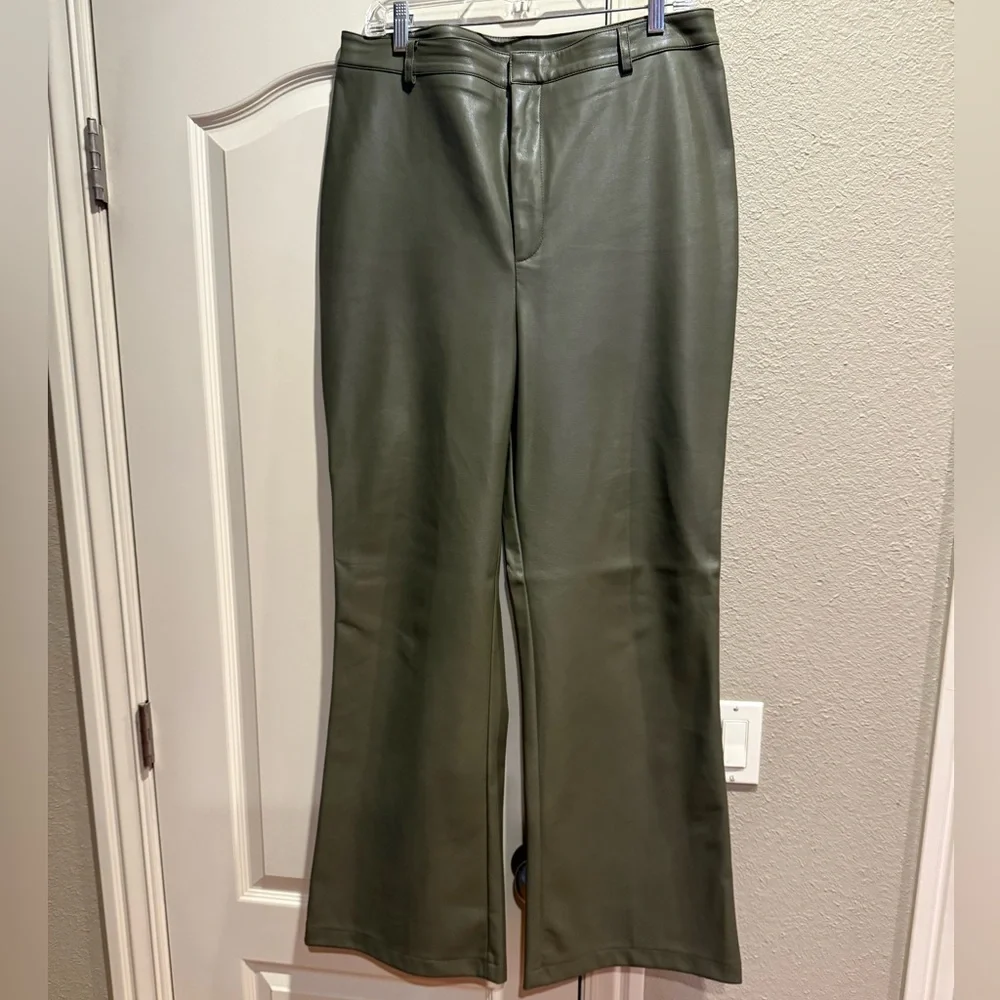 NWOT Royalty by Maluma Flare-Leg Faux-Leather Pants in olive green - Picture 2 of 4